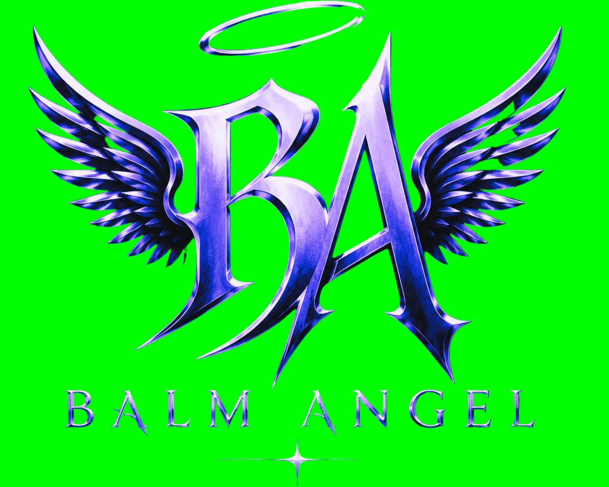 A stylized metallic 'BA' logo with angel wings and a halo above it, with the text 'BALM ANGEL' below on a black background.